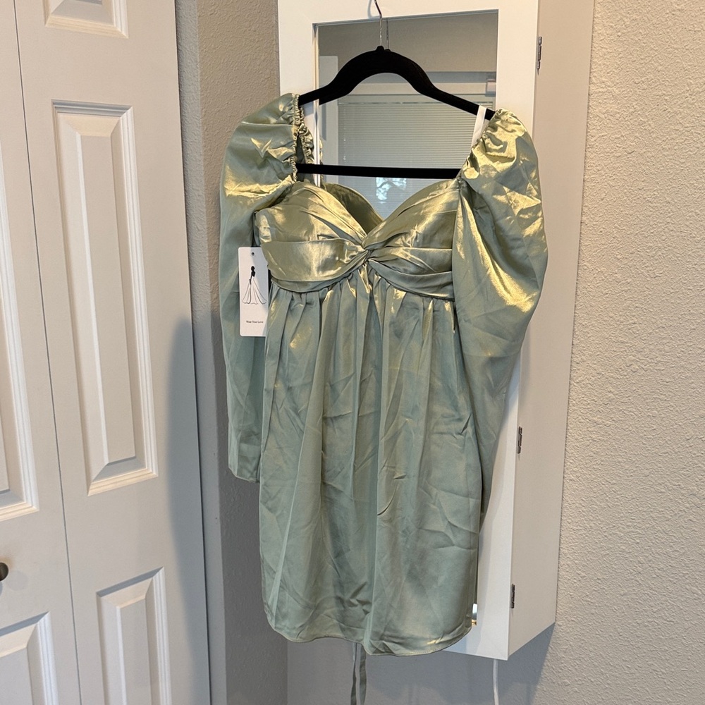 Girls' Sage Green Puff-Sleeve Party Dress